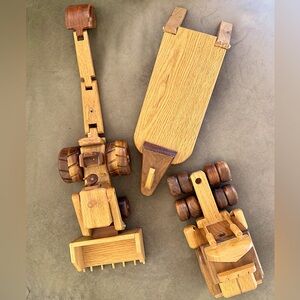 Vintage wood truck trailer tractor/bucket loader toy collectible set 24” long